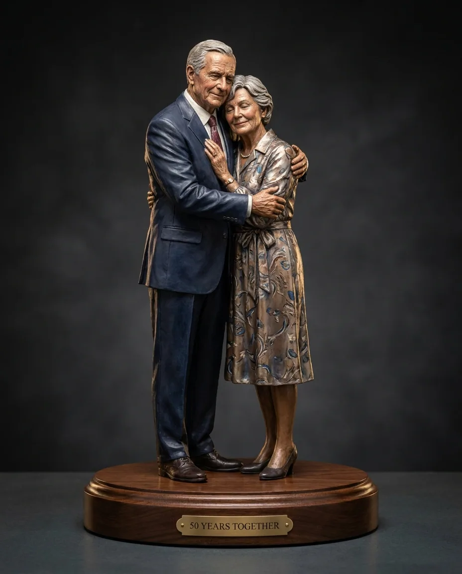 Hand-painted sculpture of a couple on a walnut base. Hand-painted over 14 days, 11″ (28 cm), walnut base